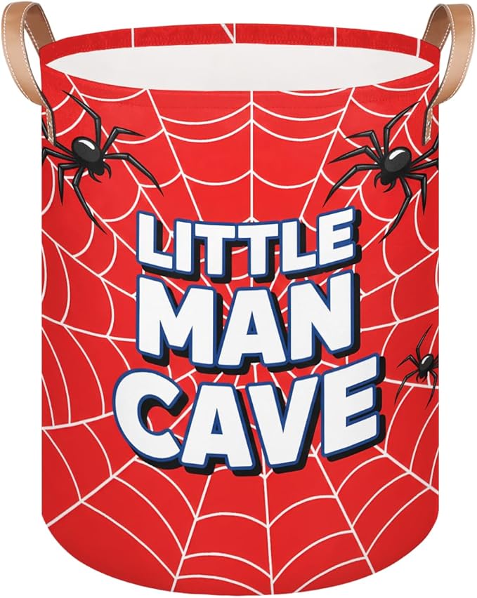 Little Man Cave Laundry Basket Hamper - Spider Web Collapsible Storage Bin for Blankets, Kids Toys, Clothes, 62L Large Red Tall Baby Nursery Hamper for Bathroom, Boys Bedroom Decor, Gift Basket