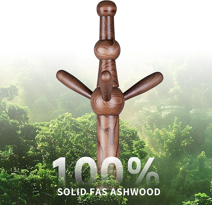 Wooden Coat Rack Stand, 100% Natural FAS Ash Wood Coat Rack Freestanding, Coat Racks with Stable Sphere Triangle Base,Classic Coat Racks with 9 Hooks, Wood Entryway Coat Hall Tree Hanger Stand