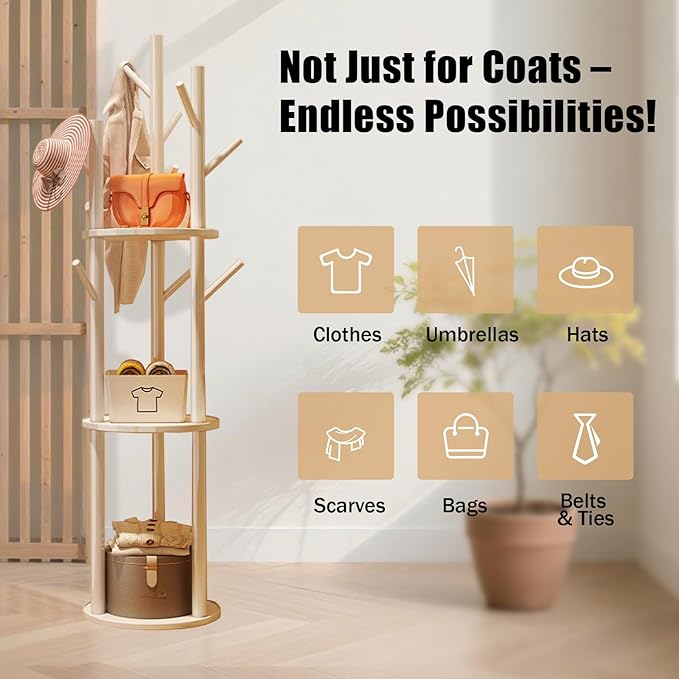 Simcat Wood Coat Rack with 3 Shelves and 9 Hooks Coat Tree Hanger Freestanding Coat Rack for Bedroom, Hallway, Entrance, Office, for Hats, Coats, Scarves, Handbags (Fixed rack white)