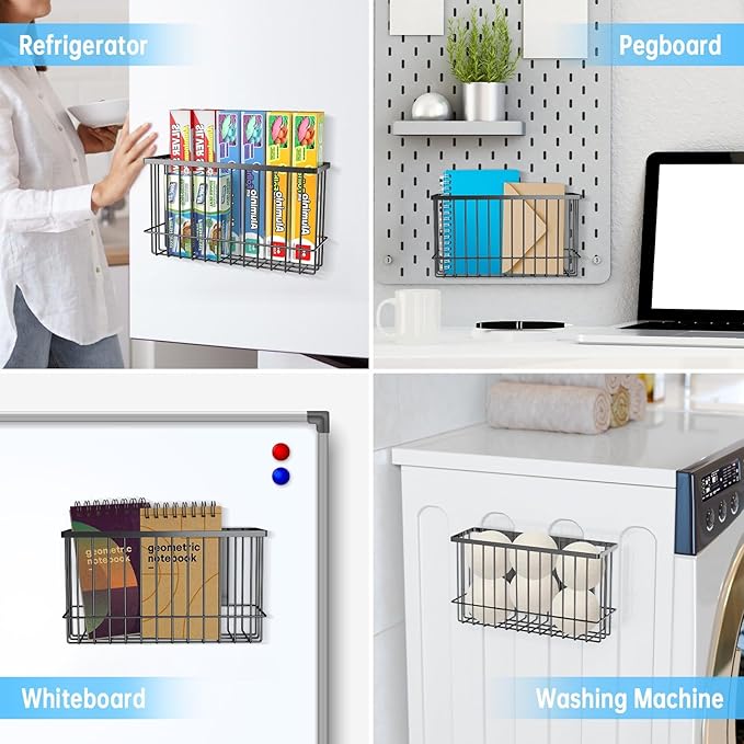 NiHome Magnetic Metal Basket Organizers, 2PCS Medium & Small, Versatile Storage for Kitchen & Office Holds Up to 14 lbs, Easy Attach to Refrigerator or Any Magnetic Surface(Black)
