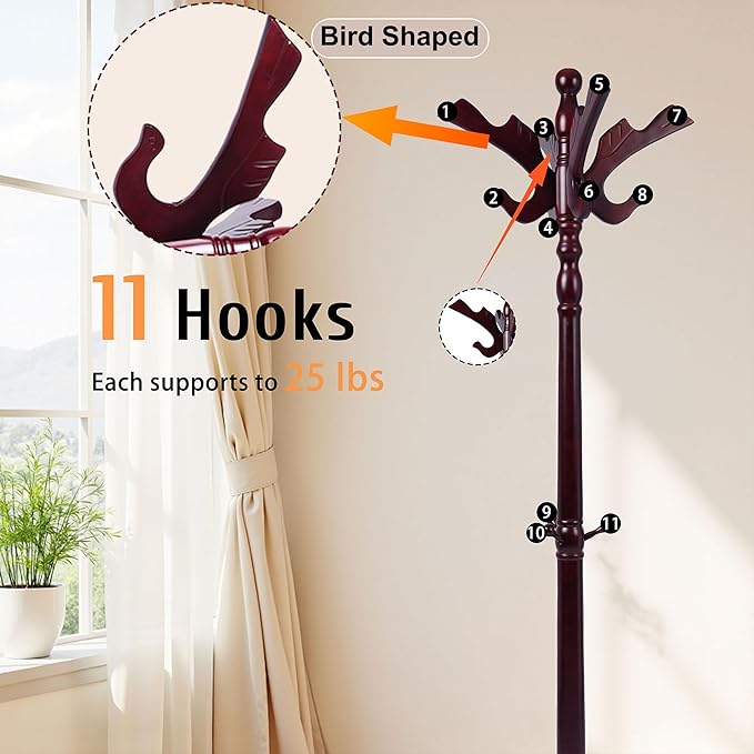 Solid Wood Coat Rack Freestanding with 14 Hooks Bird Shaped,71'' Adjustable Heights Sturdy Coat Racks Tree for Coats Hats Bags,Vintage Wood Coat Tree Hanger Stand for Living Room,Entryway,Office