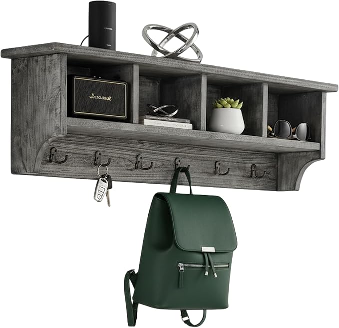 Alaterre Furniture Pomona Entryway Organizer – Rustic Industrial 48-Inch Wall-Mounted Coat Rack with 6 Double Hooks & 4 Open Cubbies – Solid Wood Mudroom Storage for Apartment or Hallway (Slate Grey)
