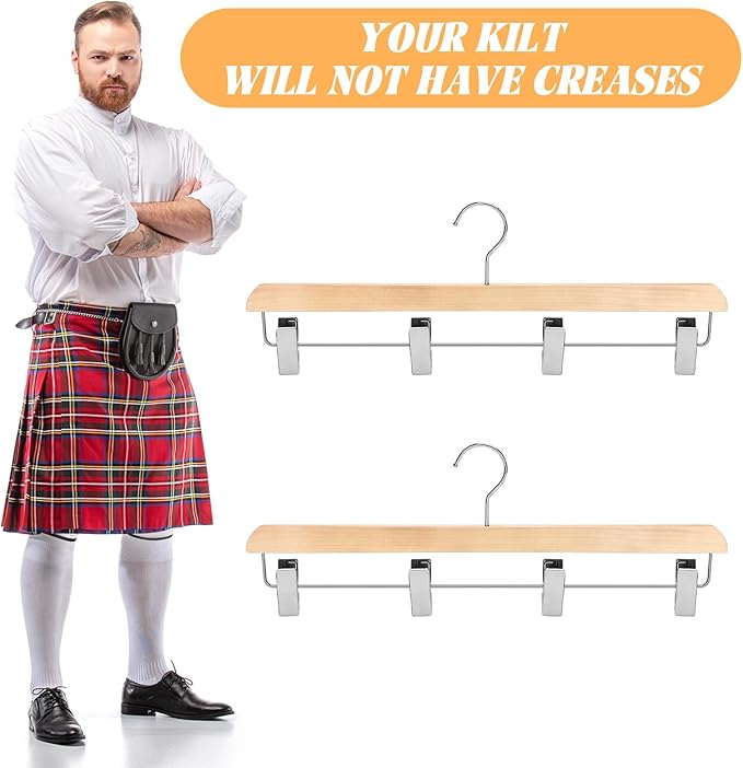 4 Pcs Kilt Hanger 20 Inches Wooden Duty Skirt Hangers with 4 Clips for Closet (Wooden Color)