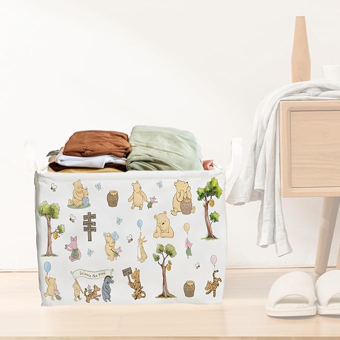 Winnie Storage Nursery Basket,Large squarecanvas Laundry Hamper WithWinnie baby Stuff A Waterproof PECoating, Foldable, Bathroom and Bedroom SetClothes ,Toys Bin, Baby Nursery HamperDecor