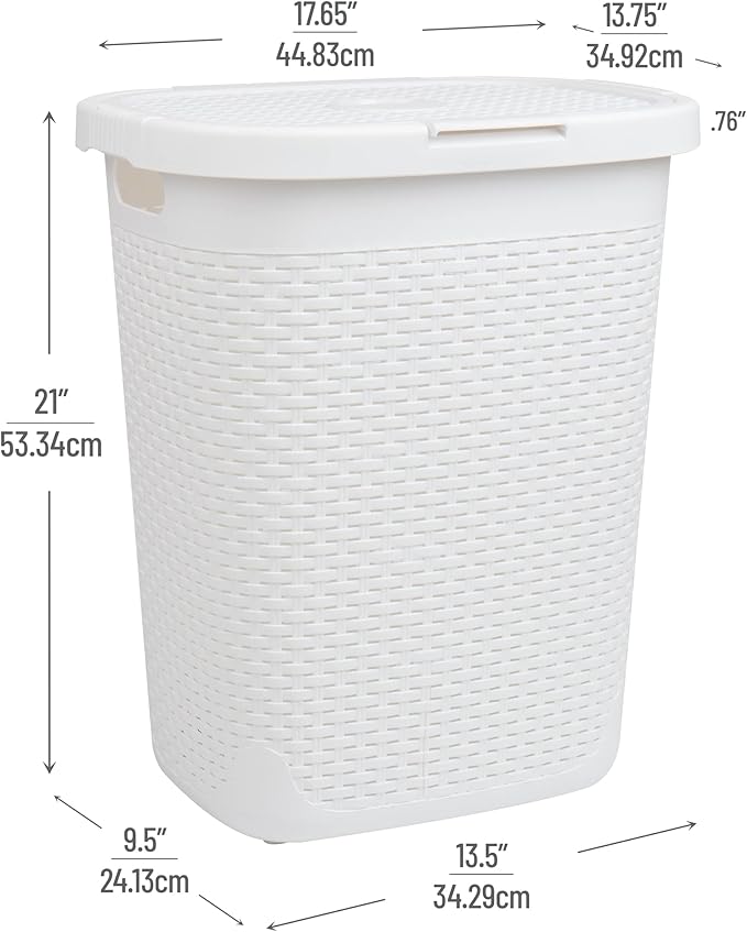 Mind Reader 50L Slim Laundry Hamper, Clothes Basket, Lid, Wicker Design, Plastic, 17.65"L x 13.75"W x 21"H, Set of 2, White