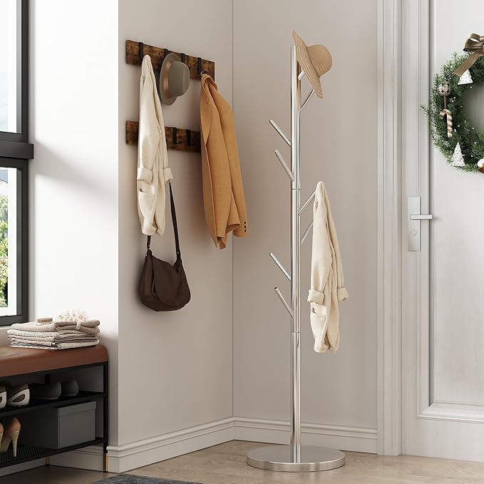 Coat Rack Freestanding Metal Coat Rack Stand with 8 Hooks Sturdy Heavy Duty Modern Coats Tree for Bags Clothes Hall Tree Hats Hanger Holder Stand for Entryway Bedroom Hallway Office, Silver