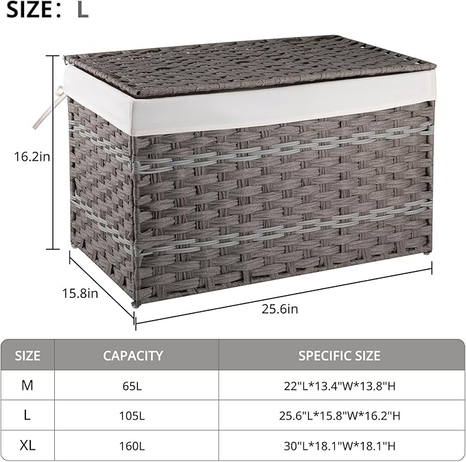 OIAHOMY Storage Basket with Lid, 27.7 Gallon (105L) Blanket Basket with Removable Liner Bag, Synthetic Wicker Hamper with Handle, Hamper for Living Room, Grey