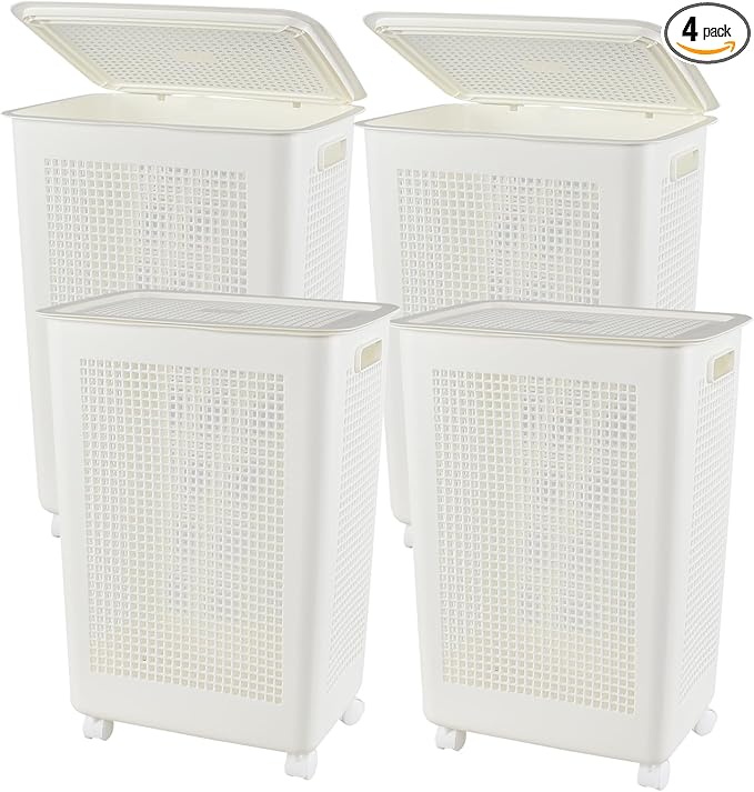 4 Packs 65 L Laundry Hamper with Lockable Wheels, 1.8 Bushels Large Plastic Laundry Basket with Lid, White