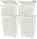 4 Packs 65 L Laundry Hamper with Lockable Wheels, 1.8 Bushels Large Plastic Laundry Basket with Lid, White