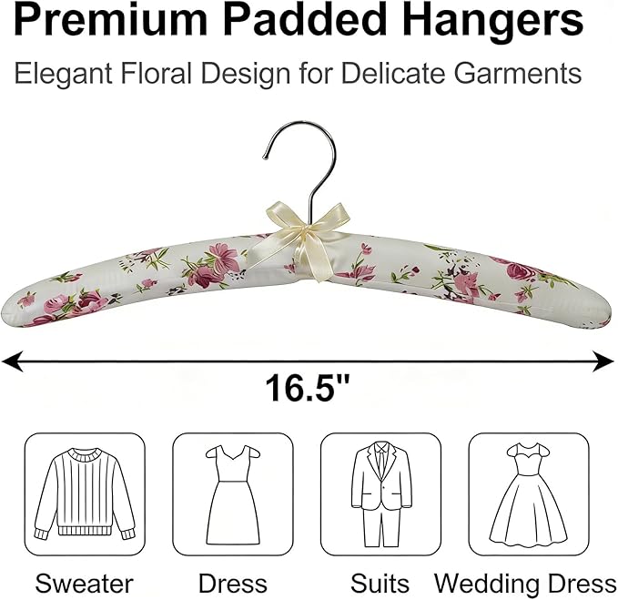 12 Pack Satin Padded Clothes Hangers, 17 Inch Anti Slip Fabric Coat Hangers for Sweaters, Women Clothing, Dresses, Wedding Gown