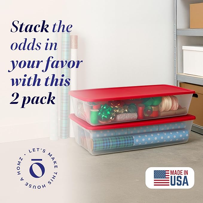 HOMZ 2-Pack Holiday Tote, Clear Plastic Storage Organizer Bins with Lids, 41 Quart, Red - Stackable Organizing Containers for Christmas Ornament Decorations, Gift Wraps, and Crafts