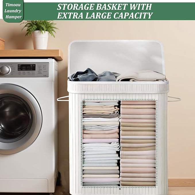 72L Laundry Hamper with Lid, Bamboo Laundry Basket with Removable Liner Bag, Foldable Clothes Hamper with Handles for Bedroom, Bathroom, Closet, Natural