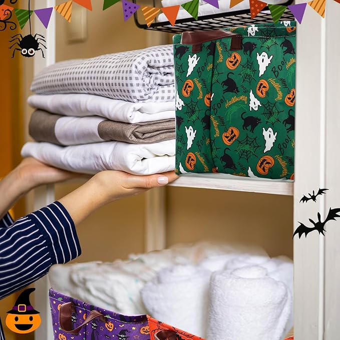 Vesici 6 Pack Halloween Baskets for Gifts Empty Collapsible Halloween Storage Bins with Handle Rectangular Pumpkin Ghosts Storage Basket for Kids Trick or Treat Box Room Clothes Containers
