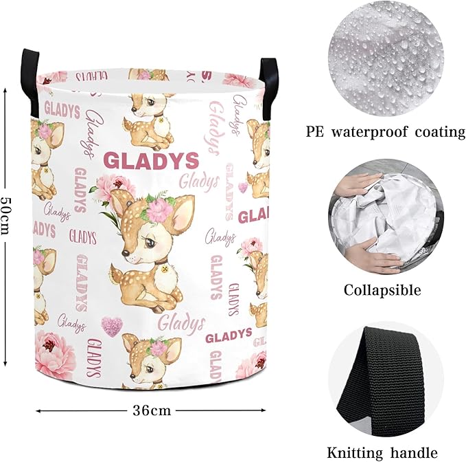 Large Custom Name Laundry Hamper, Deer Personalized Dirty Clothes Hamper Storage Basket with Name for Bathroom Bedrooms, Customized Name Circular Hamper with Handles for Baby Boys Girls Men Women