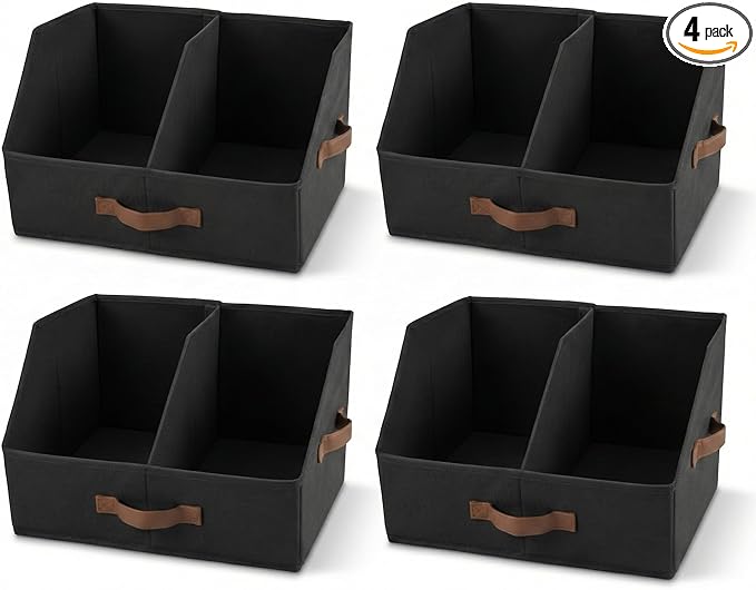 Trapezoid Storage Bin - EXTRA LOAD & HEIGHT FOR DEEP Closet Organizers And Storage W/ Handles & Adjustable Dividers, Collapsible Storage Bins For Clothes Storage & Shelf Organizer (4pcs, Large, Black)
