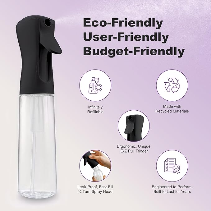 2 Pack Spray Bottles for Hair - Continuous Water Mister Spray Bottles with Ultra Fine Mist Spray for Hairstyling, Barbers, Salons, Skin Care, Cleaning, Plants, Pets (Ebony, 10.1 oz)