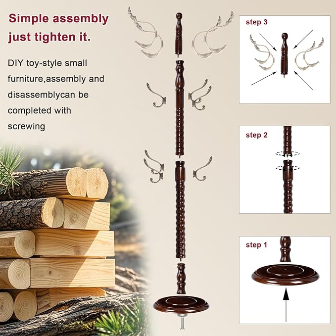 Wood Coat Rack Freestanding with 14 Hooks, 73 Inches Adjustable Height Coat Rack Stand, Vintage Hall Tree Coat Racks with Stable Round Base for Entryway, Bedroom (Reddish Brown-Metal Hook)