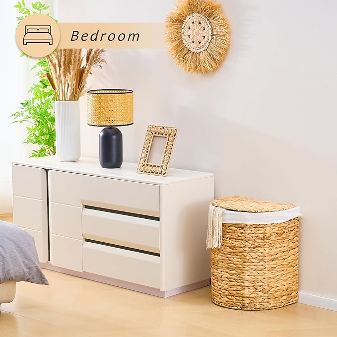 Half Round Wicker Laundry Hamper with Lid and 2 Removable Liner Bags, Handwoven Natural Water Hyacinth Laundry Basket for Dirty Clothes, Natural