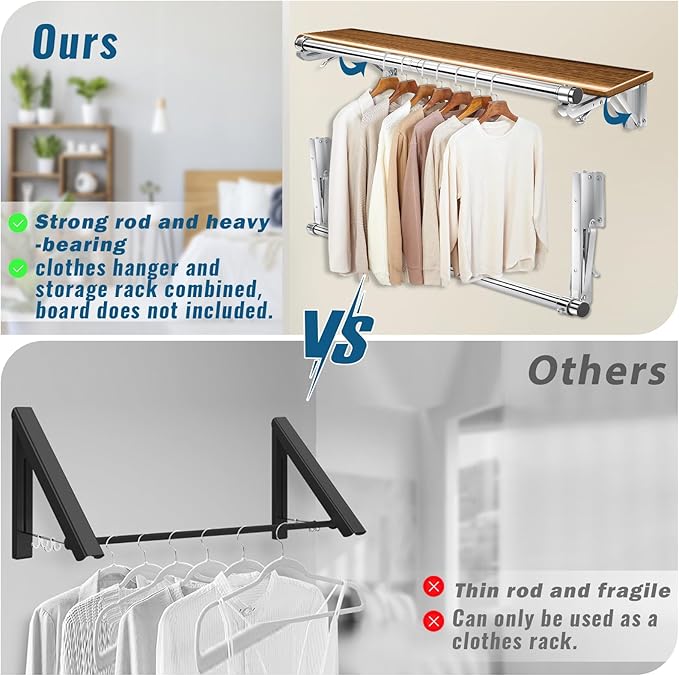 Foldable Wall Mounted Clothes Rack-44'' Long Rod&2 Bases,Stainless Steel, Heavy Duty,Detachable,Multi-Purpose for Space-Saving Garment Rack/Clothes Drying Rack/Plant Hanger,Top Shelf Room Reserved
