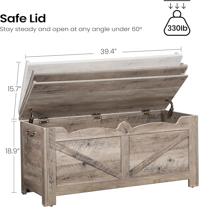39.4" Storage Chest, Lift-Top Storage Trunk with 2 Hinges, Wooden Bench Box Chest Organizer for Bedroom, Entryway, Living Room, Greige SB04505X
