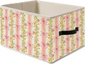Pink Striped Bow Floral Storage Bin Box with Handles, Grandmillennial Shabby Chic Flower Botanical Foldable Organizer Basket Toybox for Girls Room Bedroom Bathroom Clothes Toys Books