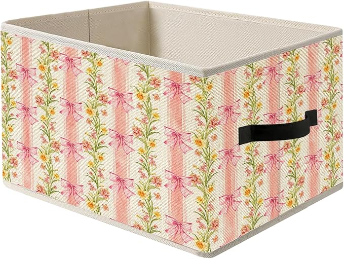 Pink Striped Bow Floral Storage Bin Box with Handles, Grandmillennial Shabby Chic Flower Botanical Foldable Organizer Basket Toybox for Girls Room Bedroom Bathroom Clothes Toys Books