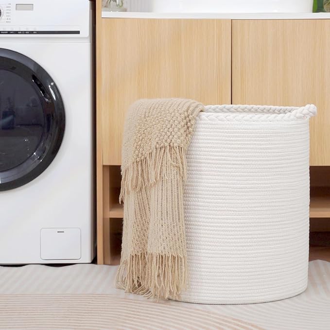 90L Oversize Woven Laundry Basket,Cotton Tall Laundry Hamper for Blankets,Clothes,Pillows,Toys,Shoes Large Laundry Bin White