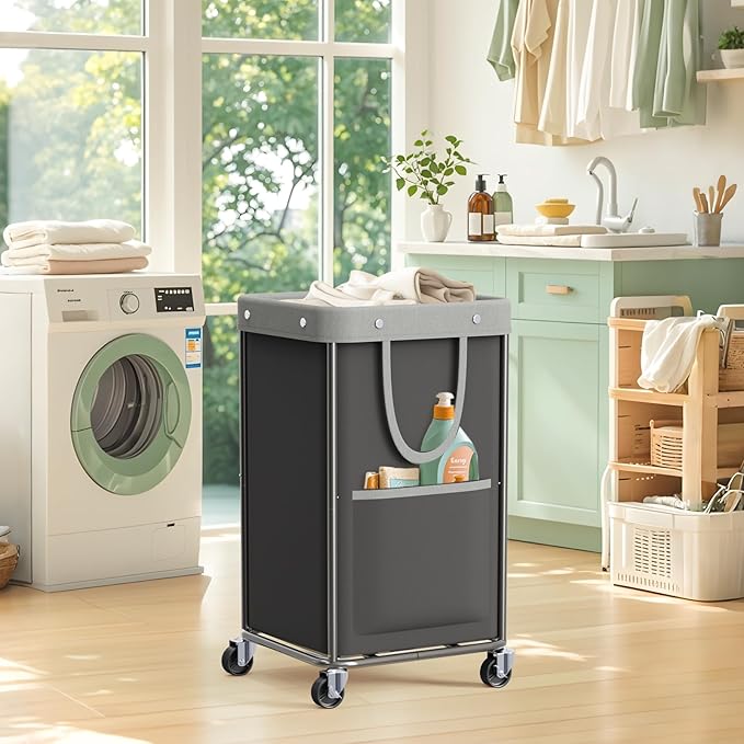 JYPS Laundry Basket With Wheels, 150L Large Rolling Hamper W/Metal Frame & Removable Bag, Waterproof Oxford Fabric, 2 Side Bags, Dirty Clothes Storage Cart For Laundry Room, Dorm, Bedroom