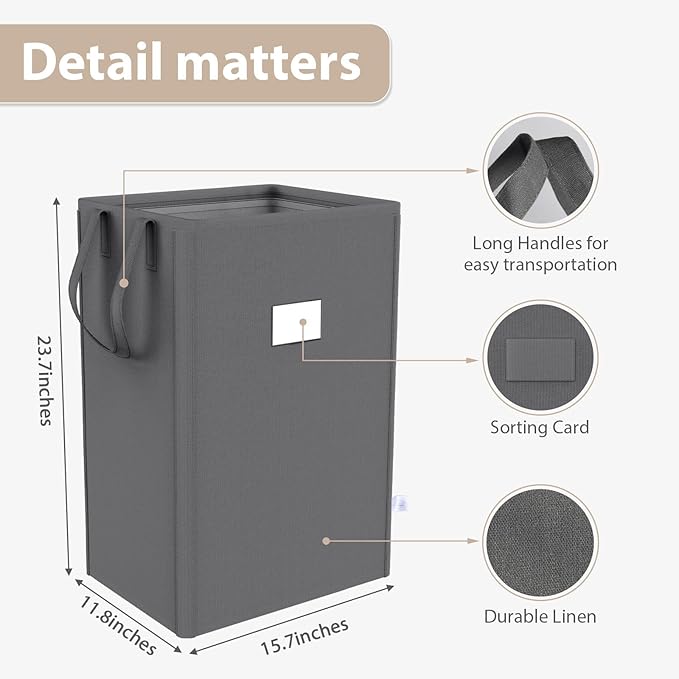 MCleanPin 210L Laundry Hamper Collapsible with 2 Washable Laundry Bags, Dirty Clothes Hamper,Laundry Basket with Handles Foldable Hamper Dorm Laundry Basket for College,Grey