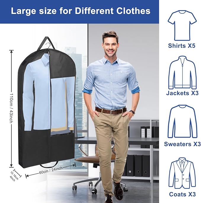 Garment Bags for Hanging Clothes and Travel with 4" Gusseted, Suit Cover for Clothes,Coats,Suit,Jackets,Dress,Shirts,Skirt. (Black-43"-3pcs-Double zipper-Non-woven Fabric)