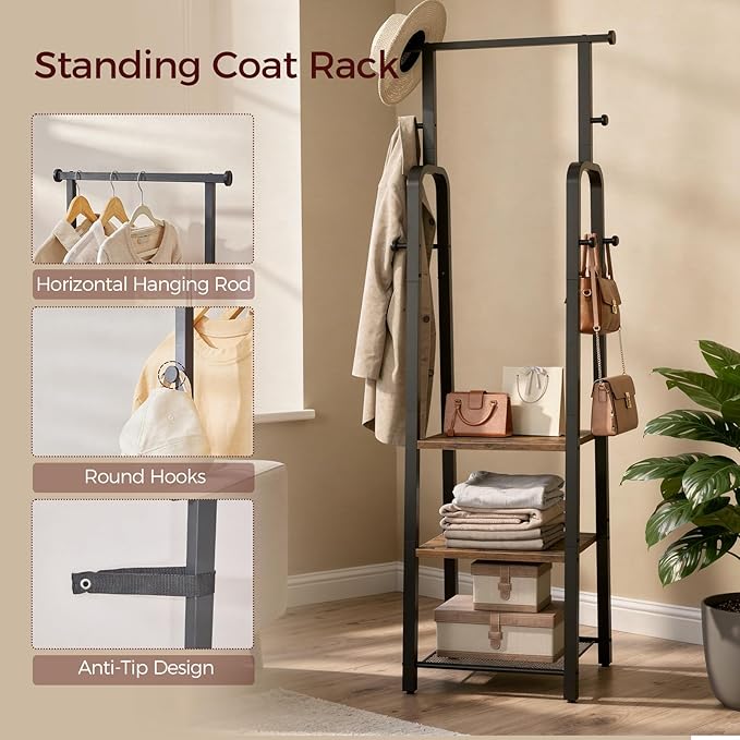 Coat Rack Freestanding, Hall Tree with 3-Shelves and 8 Hooks, Industrial Clothes Rack Stand Organizer for Entryway, Bedroom, Bags, Hats, Scarves, Rustic Brown and Black CRHR14901