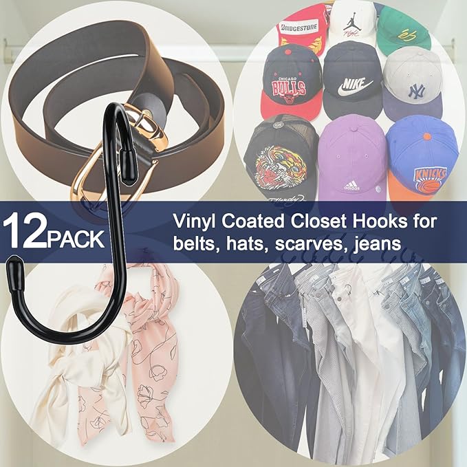 HiGift 12 Pack Purse Hooks for Closet, Non Slip Rubber Coated Closet Rod Hook for Bags, Large Organizer Hooks for Hanging Handbags, Backpacks, Belts, Scraves, Hats, Clothes -Black