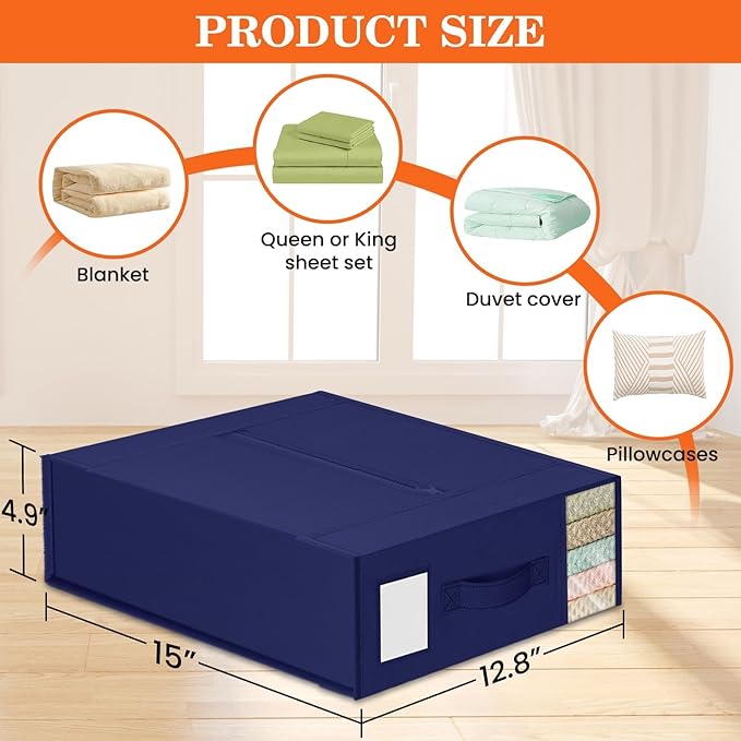 WOWBOX Sheet Organizers and Storage,Closet Bed Sheet Organizer Under Bed Storage and Organization with Label Cards & Clear Window for Bedding Sheets,Duvet Covers,Blankets (3 Pack，Blue)