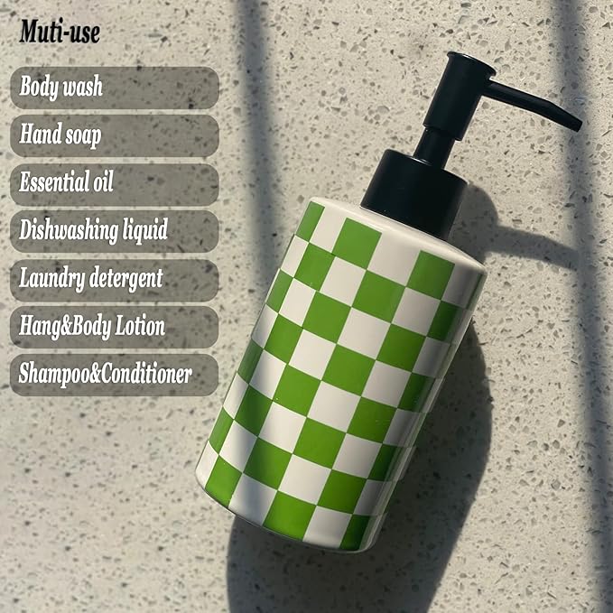 Bathroom Soap Dispenser with Matte Black Pump White Ceramic Soap Dispenser for Kitchen Checkerboard Empty Pump Bottle (Green)