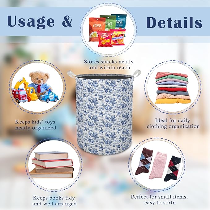Chinoiserie Western Cowboy Laundry Basket Hamper, Blue and White Toile Rodeo Cowboy Western Foldable Clothes Toys Books Storage Box Bins Baskets Organizer for Bedroom Bathroom Home