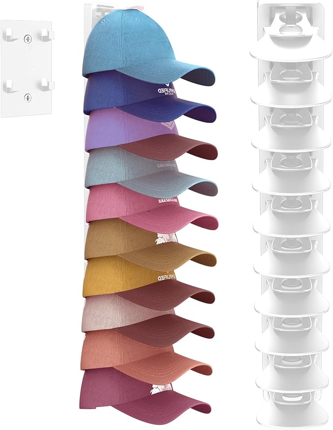 Hat Organizer for Baseball Caps 1 Pack, Adhesive Hat Rack for Wall, Baseball Cap Organizer (White)