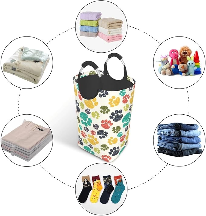 Colorful Dog Paw Laundry Basket Animal Laundry Hamper Collapsible Baskets with Handle Dirty Clothes Hamper Bag for Dorm Family Bathroom Decor Storage 50L