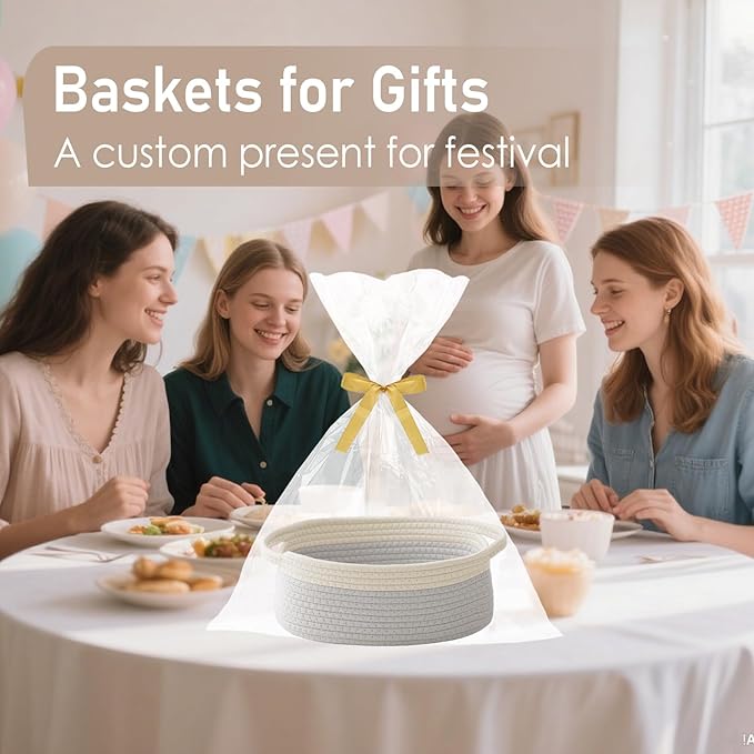 Woven Basket,Small Rope Storage Bin with Handles & Ribbon Bag, Organizer for Shelves Closets,Gift Basket Empty for Birthday,Books,Dog Toys, White&Grey/2 Pack