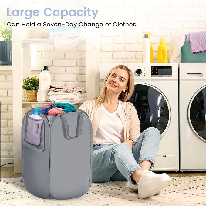 HOUSE AGAIN Upgraded Pop Up Hampers for Laundry, Collapsible Laundry Basket with Durable Handles & High Carbon Steel Frame, Wide Opening, Solid Bottom and Side Pocket for Clothes and Storage(Grey)