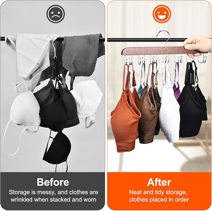 2 Pack Bra Hanger, Wooden Tank Top Hangers with 14 Foldable Hooks, Bra Hanger for Closet Organizer，Premium Wooden Space Saving Hangers Closet Organizers and Storage for Dorm & Apartment (Brown)