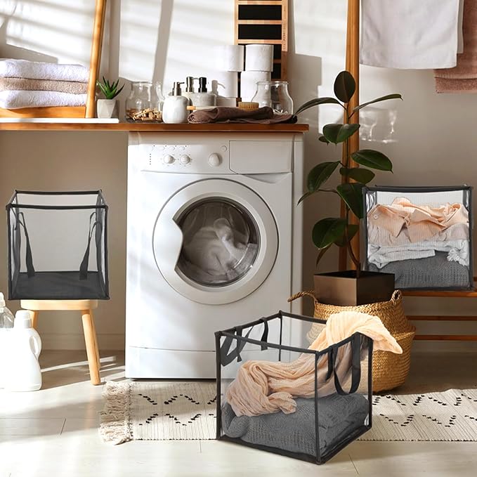 4 Pack Popup Laundry Hamper 13 Inch Collapsible Laundry Baskets with Handles Mesh Clothes Baskets Portable Single Layer Foldable Clothes Hamper Square Bin for Washing, Toy Storage(Black)