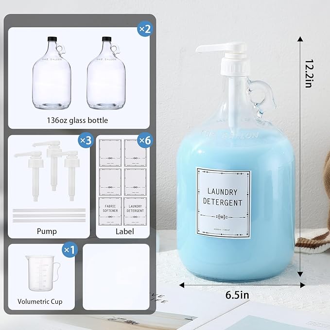 2pcs Glass Liquid Laundry Detergent Dispenser-1 Gallon Glass Pump Bottle Dispensers-Laundry Detergent Dispenser for Fabric Softener, Bleach, Shampoo, Body Wash- Laundry Soap Dispenser