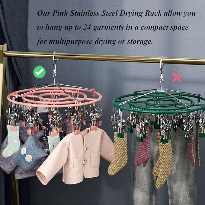 Stainless Steel Clothes Sock Drying Rack with 24 Clips, Swivel Hook Windproof Clothes Hanger Rack for Sock, Bras, Towel, Underwear, Laundry Clothes, Hat, Scarf, Pants, Gloves (Pink Clips)