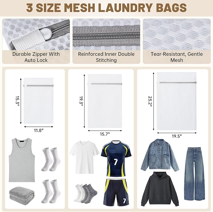 95L Laundry Backpack Bag with 3 Sizes Mesh Wash Bags Empty, Extra Large 2 in 1 Laundry Hamper Basket with Shoulder Straps, Freestanding Laundry Bag for College Dorm, Laundromat, Apartment (Beige)