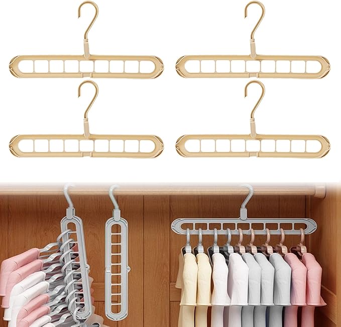9 in 1 Smart Hanger, Upgrade Space Saving Hanger, 9 Holes Rotate Anti-Skid Folding Hangers with Multifunction Space Saving, for Heavy Clothes, Multiple Shirt, Shirts Pants (4pcs-Beige)