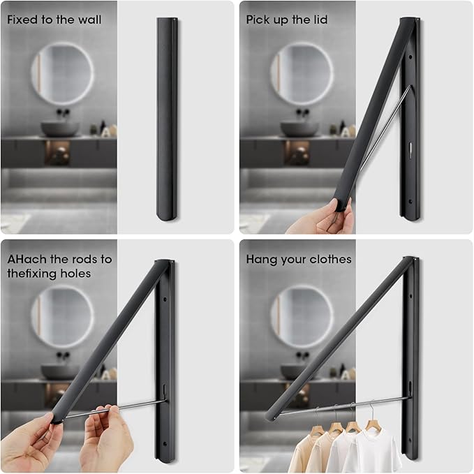 Retractable Clothes Drying Rack Wall Mounted, Foldable Space-Saving Hanger for Laundry Room/Bathroom/RV - Stainless Steel/Aluminum (Black)