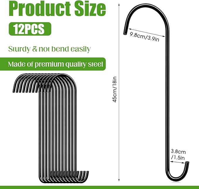 12 Pack 18 Inch S Hooks for Hanging Plants, Heavy Duty Metal Extension Hangers for Bird Feeders Wind Chimes Flower Baskets Black Vinyl Coated Rustproof Garden Hooks