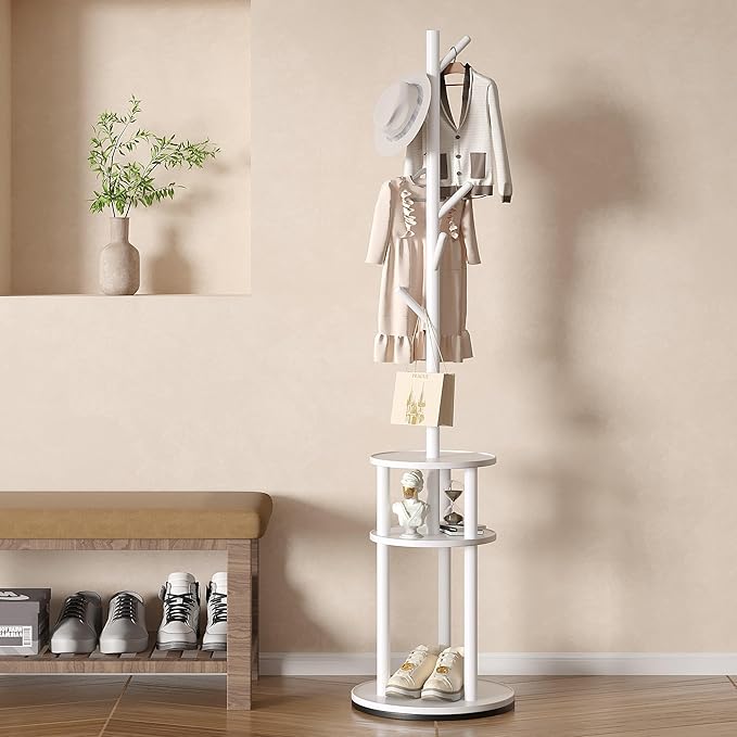 VECELO Coat Rack Freestanding, Entryway Hanger Stand, Umbrella Holder, Hall Tree With Hooks, Floor Standing Metal Tree Stand,White, Medium-sized
