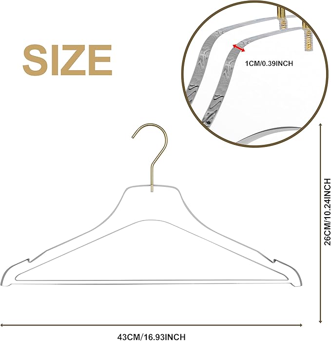 Quality Hangers Acrylic Clear Lucite Hangers - 5-Pack with Bar Matte Gold Hooks - Hangers for Clothes Like Pants Suits Jackets and Shirts - Closet and Wardrobe Organization