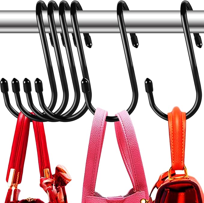 12 Pack Heavy Duty Twist Design Purse Hanger for Closet - Anti-Slip Vinyl Coated Metal 4 inch Large S Hooks, Multipurpose Organizer for Purses, Handbags, Belts, Scarves, Hats, Black